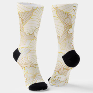 Elegant Modern Gold White Floral Line Collection Socks