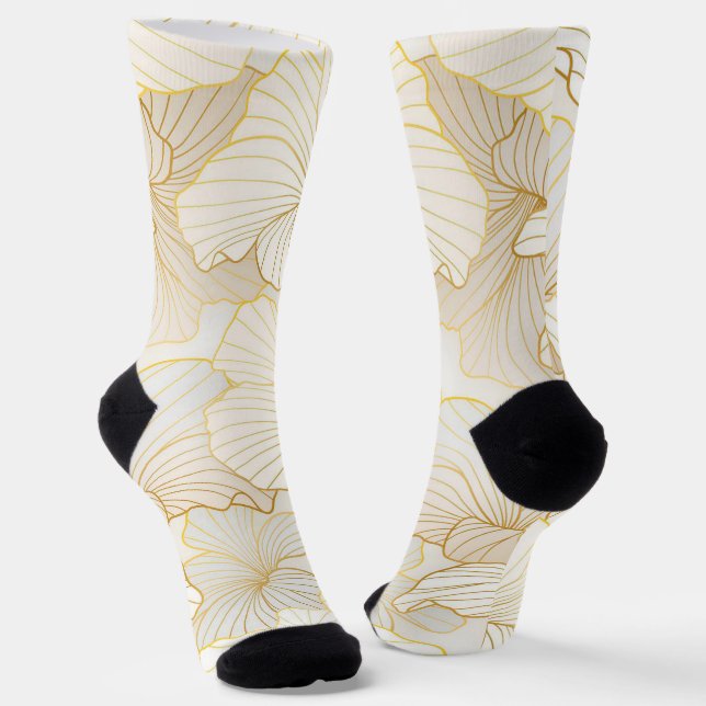 Elegant Modern Gold White Floral Line Collection Socks (Angled)