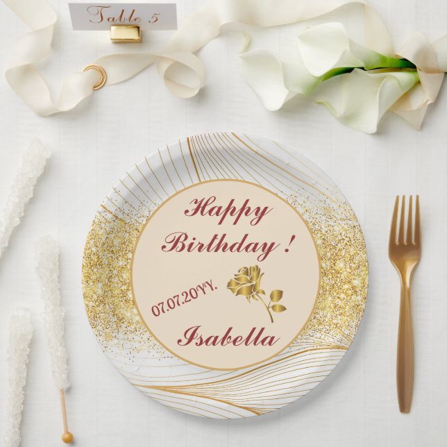 Elegant Modern Gold White Leaves Line Collection Paper Plates (Wedding)