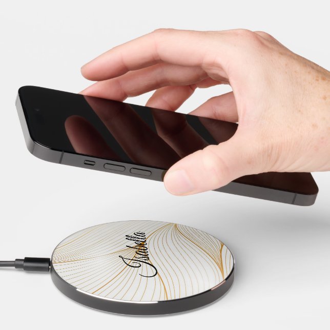 Elegant Modern Gold White Leaves Line Collection Wireless Charger (Hand)
