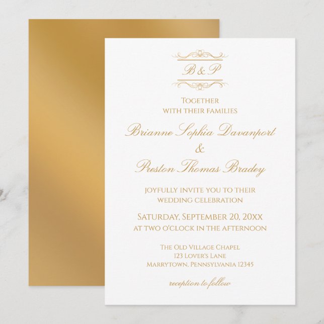 Elegant Modern Gold & White Monogram Wedding Invitation (Front/Back)