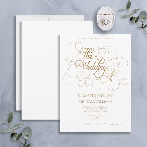 Elegant Modern Gold  White Script Wedding Invitation