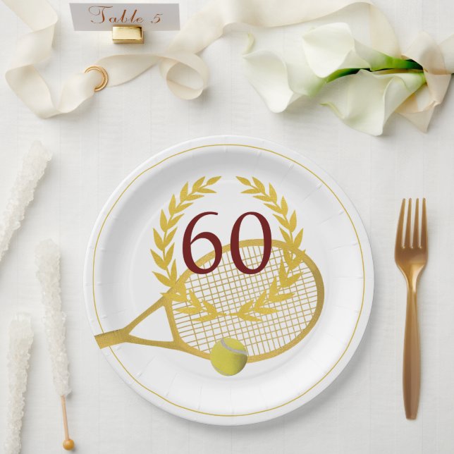 Elegant Modern Gold White Tennis 60th Birthday Paper Plates (Wedding)