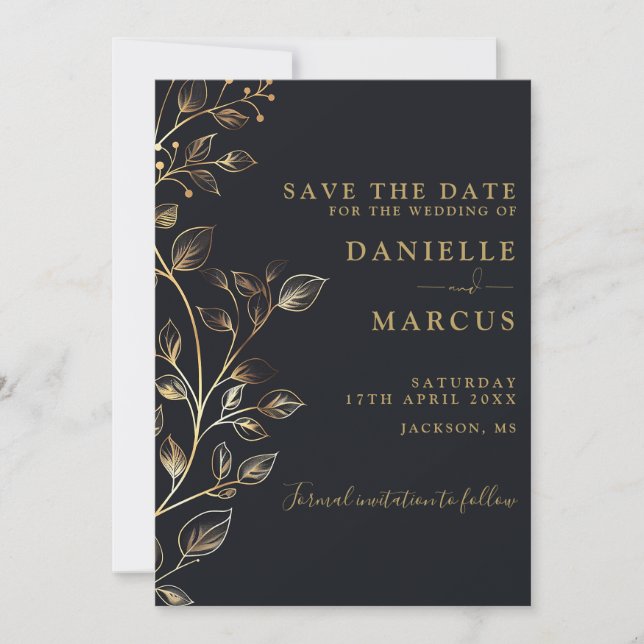 Elegant Modern Golden Floral Wedding Save The Date (Front)