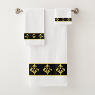 Elegant, Modern Golden Flowers on Black and White Bath Towel Set