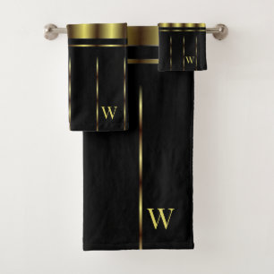 Elegant Modern Golden stripes Geometric Black Bath Towel Set