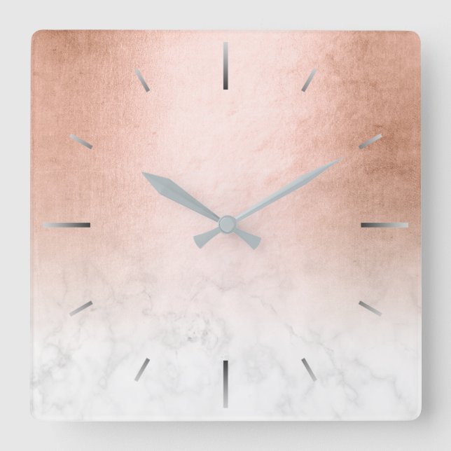 Elegant modern gradient copper gold white marble square wall clock (Front)