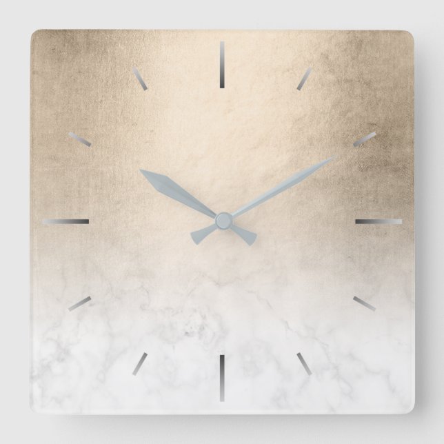 Elegant modern gradient copper gold white marble square wall clock (Front)