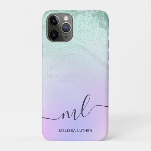 Elegant modern gradient mint green glitter purple iPhone 11 pro case