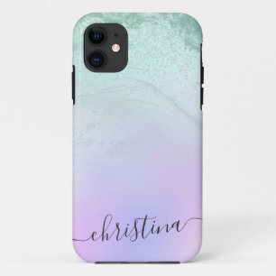 Elegant modern gradient mint green glitter purple iPhone 11 case