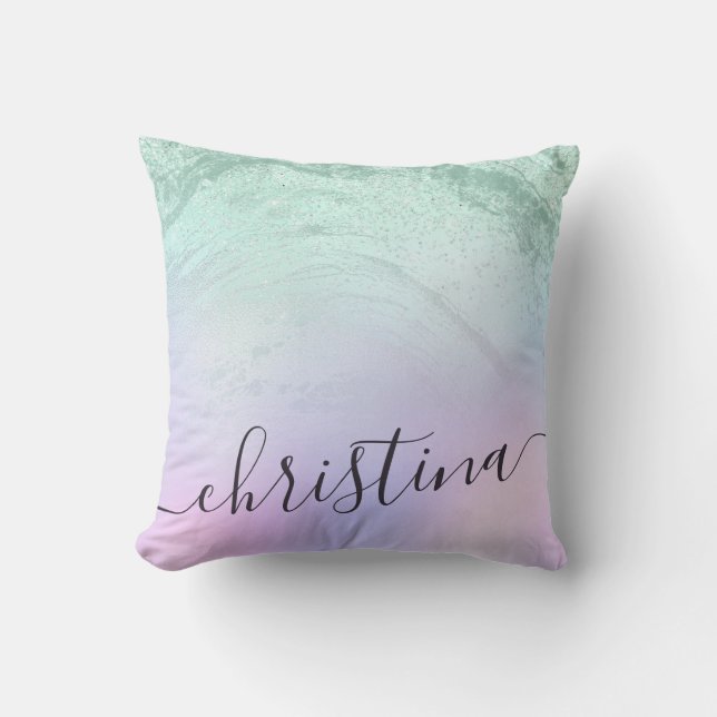 Elegant modern gradient mint green glitter purple throw pillow (Front)