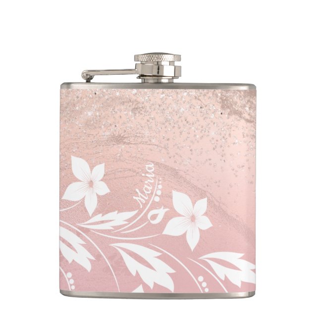 Elegant modern gradient rose gold glitter floral flask (Front)