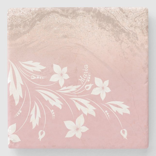 Elegant modern gradient rose gold glitter floral stone coaster (Front)