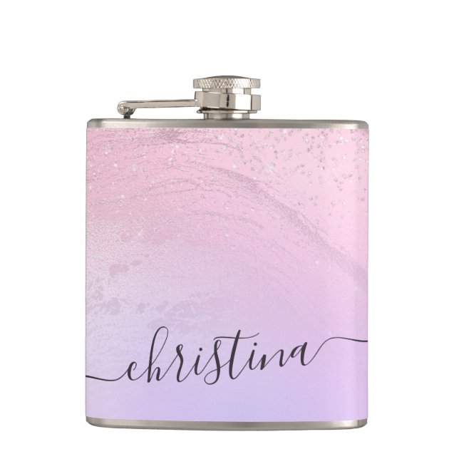 Elegant modern gradient rose gold glitter purple flask (Front)