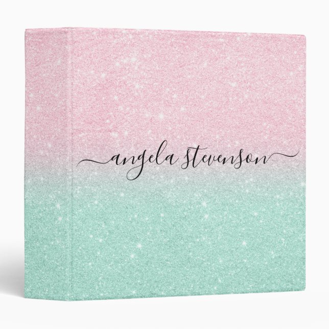Elegant modern gradient rose gold mint glitter 3 ring binder (Front/Spine)