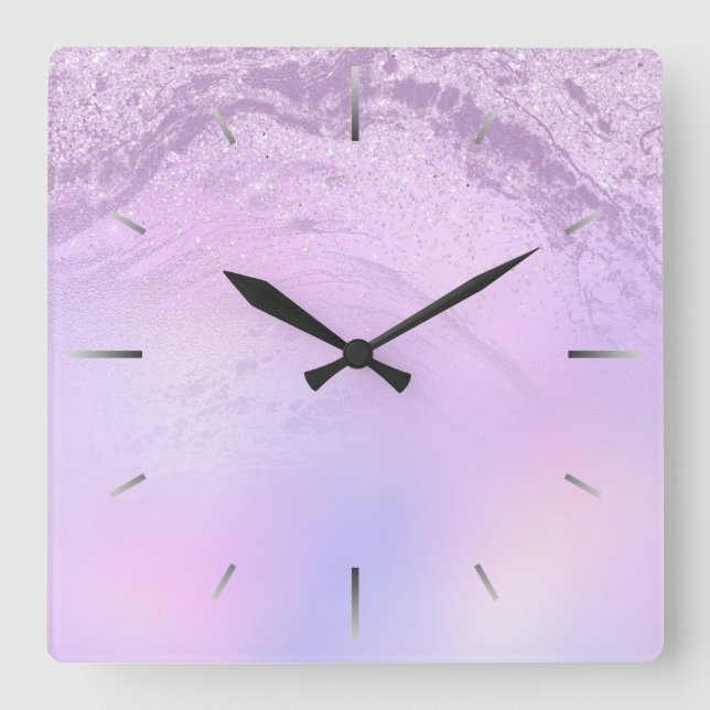 Elegant modern gradient violet glitter marble square wall clock (Front)