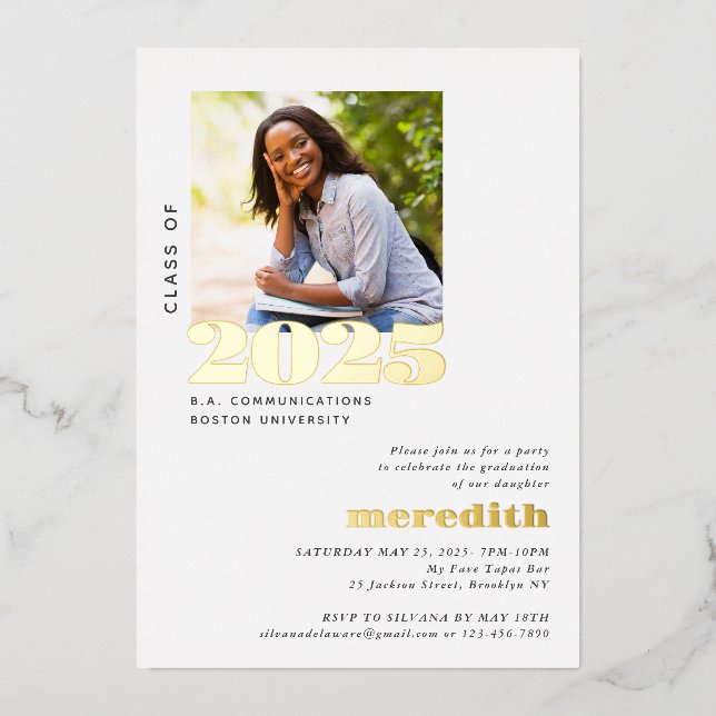 Elegant Modern Graduation Party Photo Gold Foil Invitation (Front)
