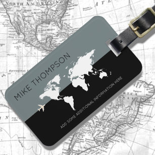 Elegant, modern gray black worldmap travel luggage tag