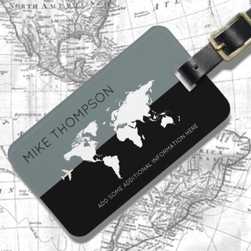 Elegant modern gray black worldmap travel luggage tag