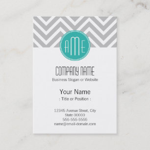 Elegant Modern Gray Chevron and Mint Monogram Business Card
