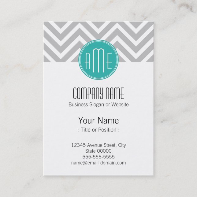 Elegant Modern Gray Chevron and Mint Monogram Business Card (Front)