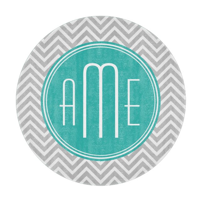 Elegant Modern Gray Chevron and Mint Monogram Cutting Board (Front)