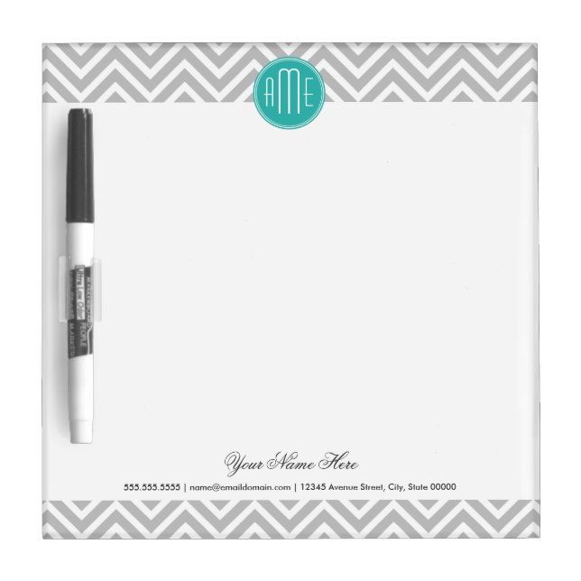 Elegant Modern Gray Chevron and Mint Monogram Dry-Erase Board (Front)