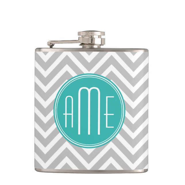 Elegant Modern Gray Chevron and Mint Monogram Flask (Front)