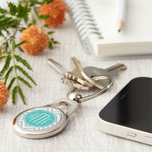 Elegant Modern Gray Chevron and Mint Monogram Keychain