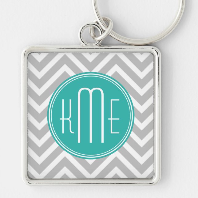 Elegant Modern Gray Chevron and Mint Monogram Keychain (Front)