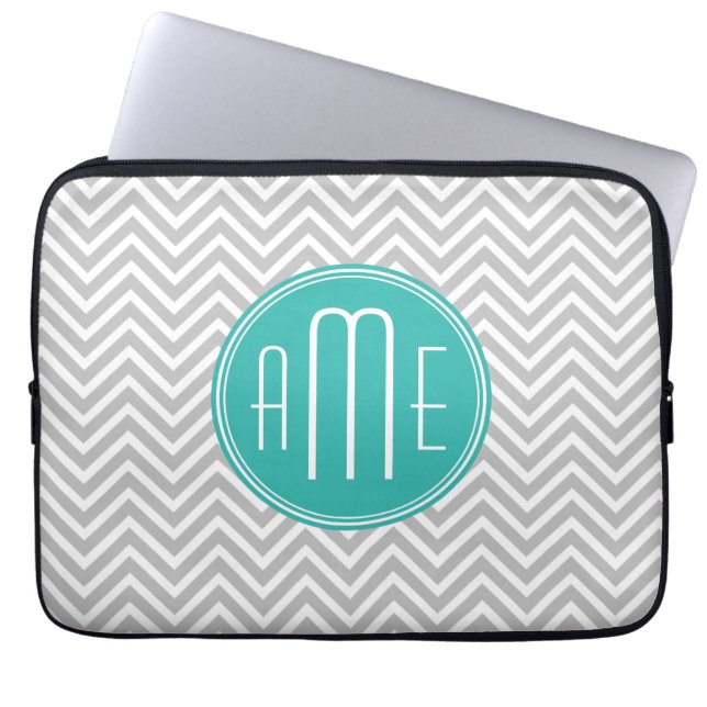 Elegant Modern Gray Chevron and Mint Monogram Laptop Sleeve (Front)