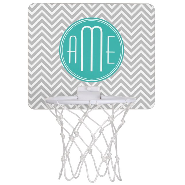 Elegant Modern Gray Chevron and Mint Monogram Mini Basketball Hoop (Front)