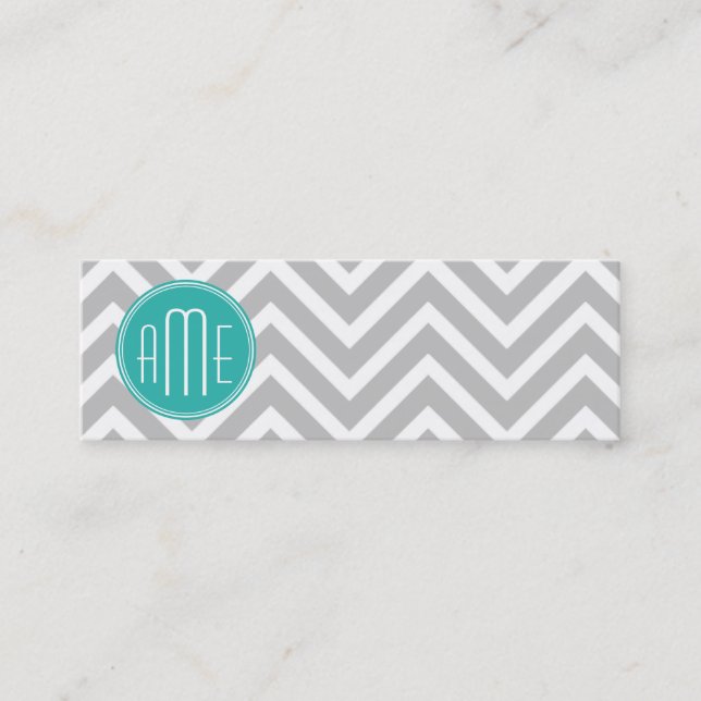 Elegant Modern Gray Chevron and Mint Monogram Mini Business Card (Front)