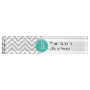 Elegant Modern Gray Chevron and Mint Monogram Name Plate