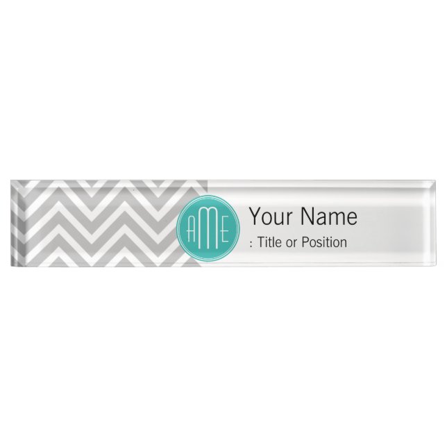 Elegant Modern Gray Chevron and Mint Monogram Name Plate (Front)