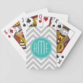 Elegant Modern Gray Chevron And Mint Monogram Playing Cards by ZeraDesign at Zazzle