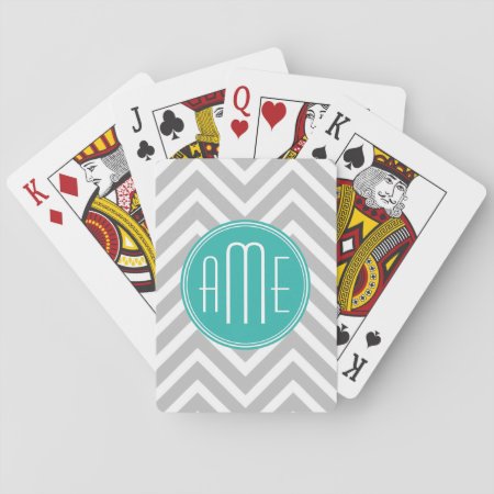 Elegant Modern Gray Chevron And Mint Monogram Playing Cards