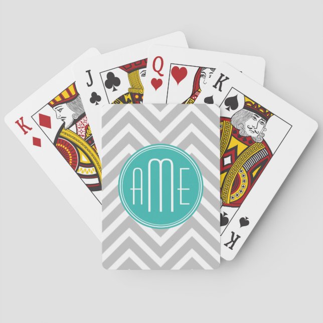 Elegant Modern Gray Chevron and Mint Monogram Poker Cards (Back)