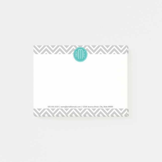 Elegant Modern Gray Chevron and Mint Monogram Post-it Notes (Front)