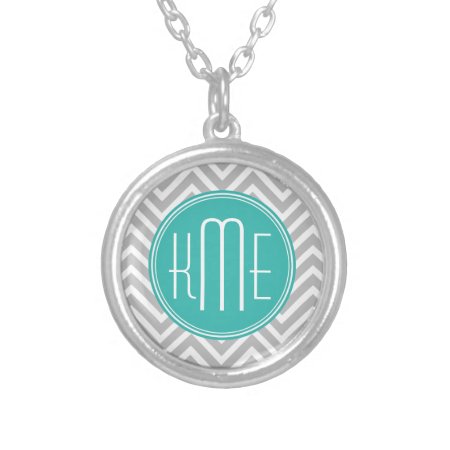 Elegant Modern Gray Chevron And Mint Monogram Silver Plated Necklace