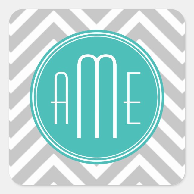 Elegant Modern Gray Chevron and Mint Monogram Square Sticker (Front)