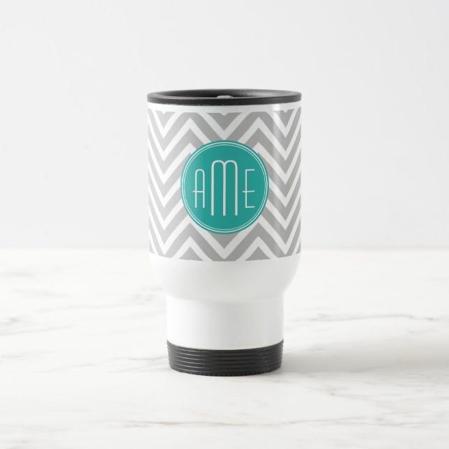 Elegant Modern Gray Chevron and Mint Monogram Travel Mug (Center)