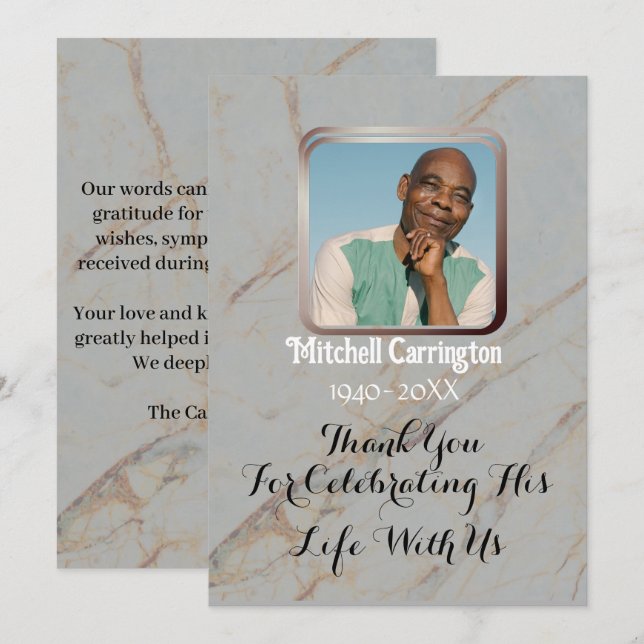 Elegant Modern Gray Marble Memorial Photo Thank You Card (Front/Back)