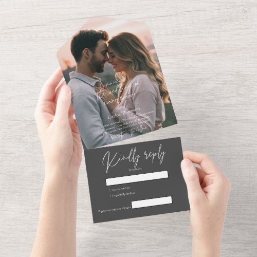 Elegant modern gray wedding photo with RSVP All In One Invitation