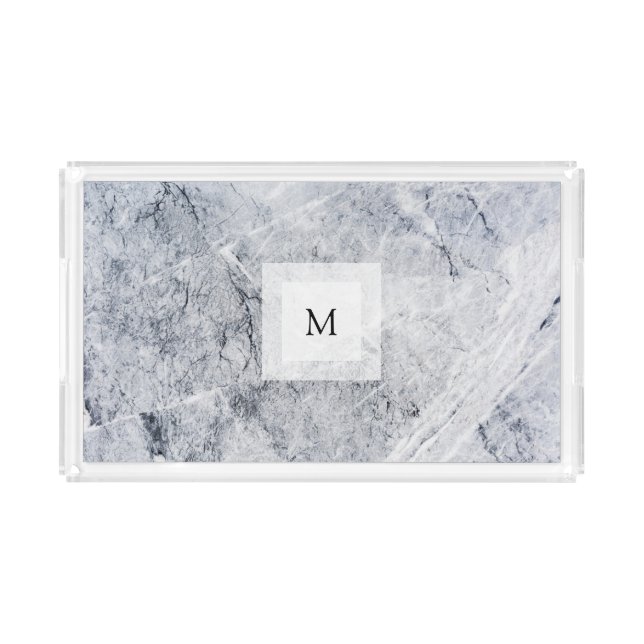 Elegant modern gray white marble pattern monogram acrylic tray (Front)