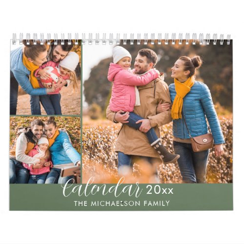 Elegant Modern Green 3 Photo Family Calendar