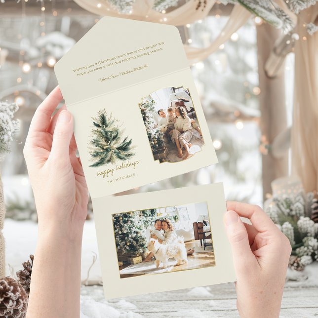 Elegant Modern Green and Gold Christmas Tree Photo All In One Invitation (Creator Uploaded)