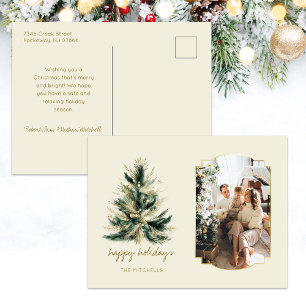 Elegant Modern Green and Gold Christmas Tree Photo Holiday Postcard