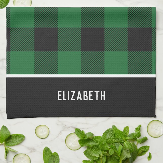 Elegant Modern Green & Black Buffalo Plaid Pattern Kitchen Towel (Folded)