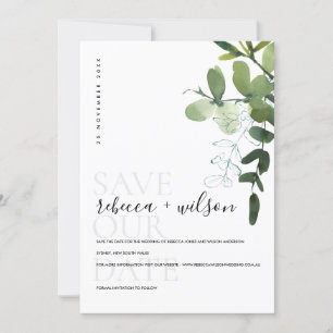 ELEGANT MODERN GREEN EUCALYPTUS FOLIAGE WATERCOLOR SAVE THE DATE
